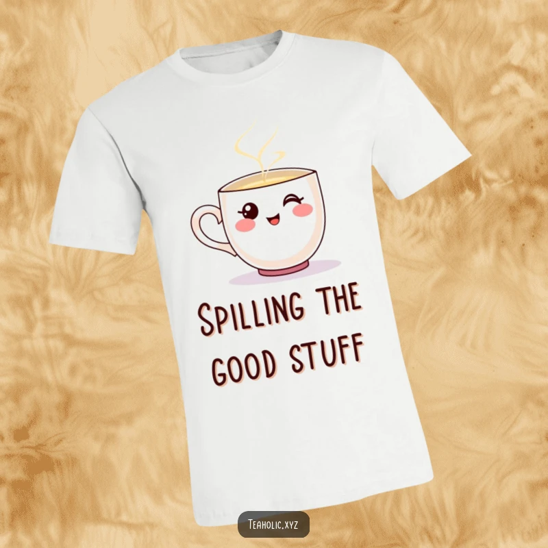 Funny t-shirt depicting a smiling teacup character pouring a happy stream of hot liquid.