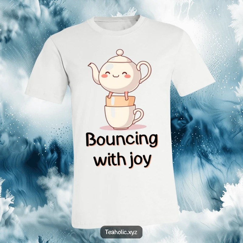 Funny cheerful round teapot character with legs, energetically bouncing on a stack of mugs, printed on a T-shirt.