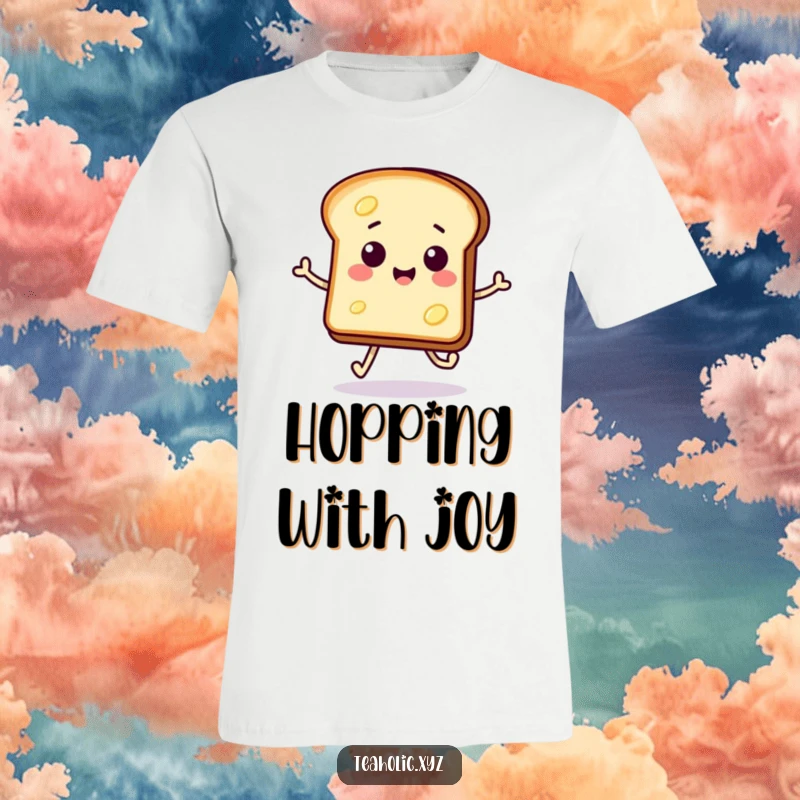 Funny T-shirt showcasing a smiling, buttered toast slice doing a little hop-skip, full of morning enthusiasm.