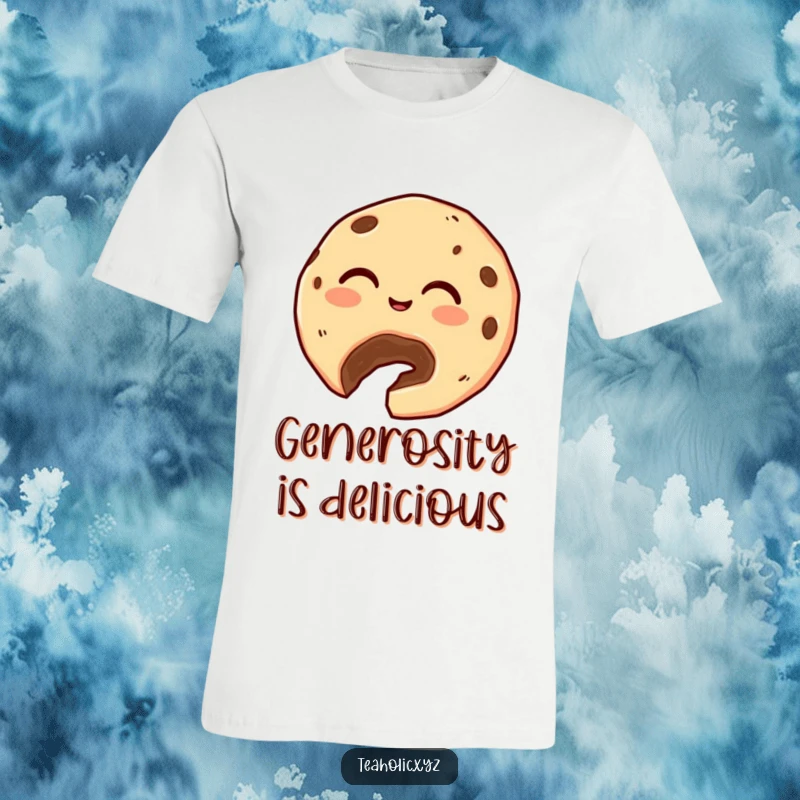 Funny Cookie T-Shirt: A giggling cookie with a visible bite happily offers a small crumb, exuding warmth and humor.