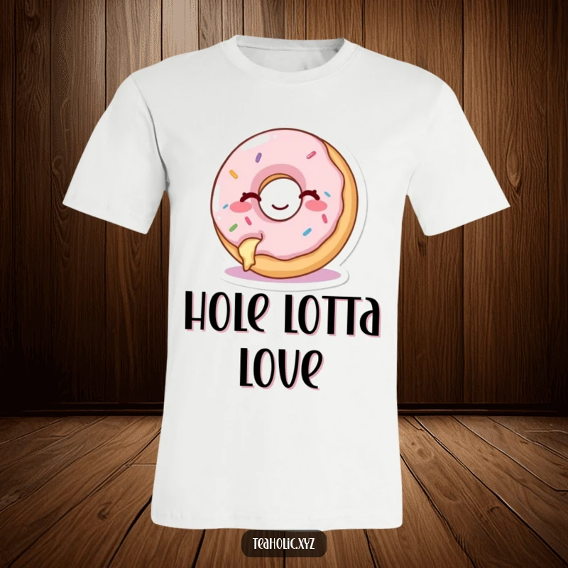 Funny t-shirt of a happy donut with a bite taken out, winking cheekily, perfect for donut lovers.