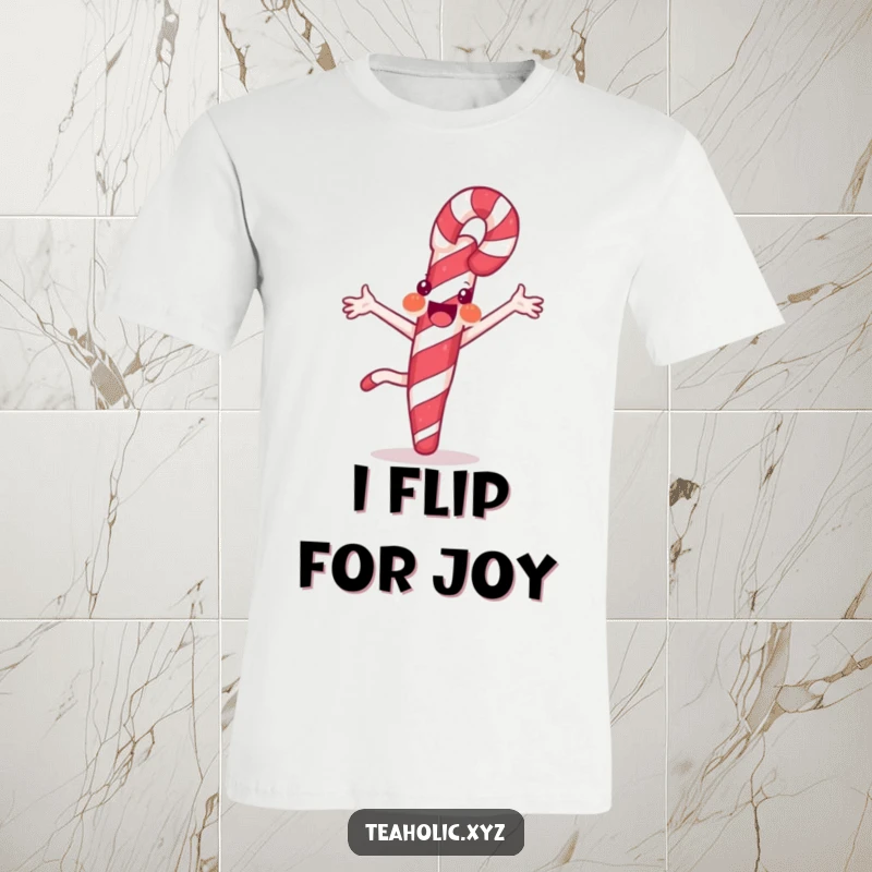 Funny t-shirt depicting a joyful candy cane performing a spirited cartwheel with bold stripes, full of sweet, energetic motion.