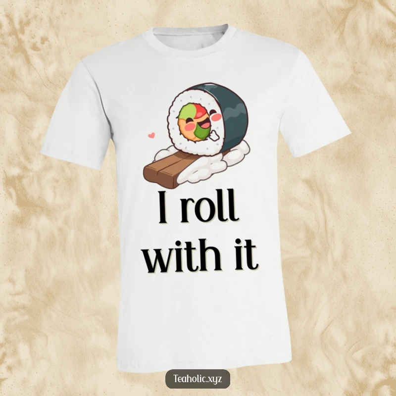 Funny T-Shirt depicting a happy piece of sushi embarking on a gleeful downhill roll, a truly amusing and unique design.