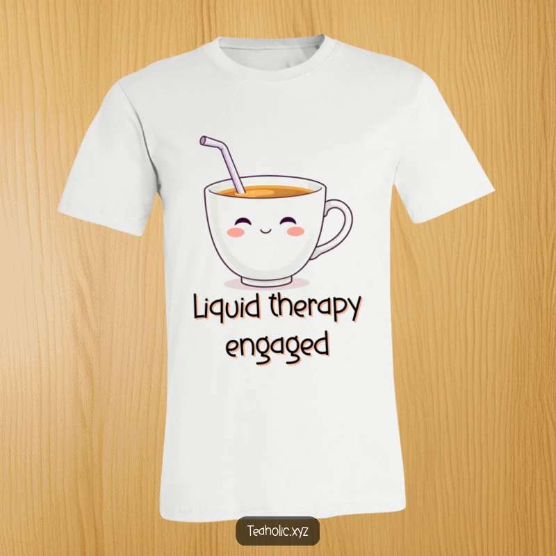 Funny Teacup Character T-Shirt: A smiling teacup character with a wiggling straw enjoying a refreshing sip.