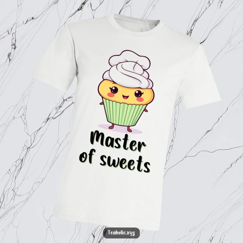 Funny proud cupcake character wearing a tiny chef hat on a comfortable, wearable t-shirt.