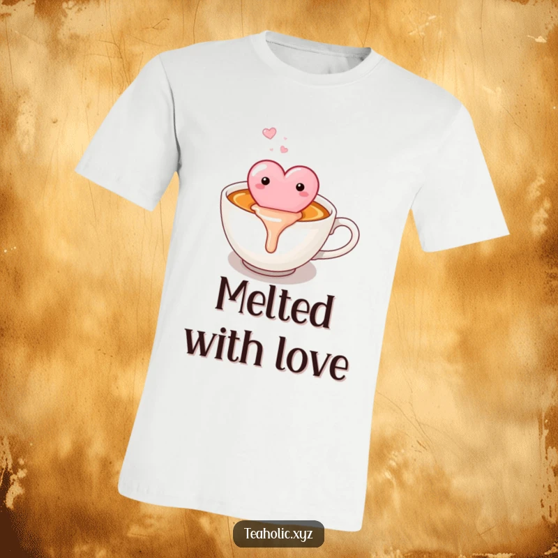 Funny candy heart happily melting into a warm cup of tea, printed on a comfortable and humorous t-shirt.