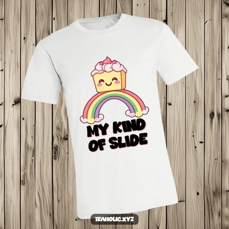 Funny t-shirt depicting a happy cake with frosting sliding down a rainbow, showcasing a carefree and joyous dessert adventure.