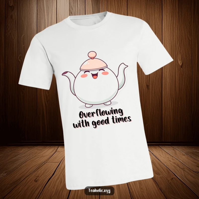 Funny t-shirt depicting a cheerful teapot character bobbing with infectious joy.