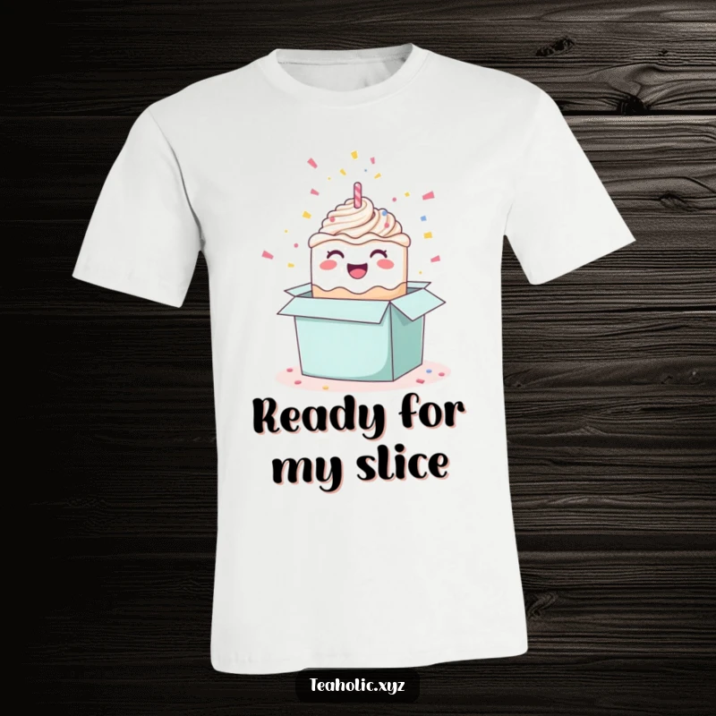 Funny happy cake t-shirt featuring a celebratory cake emerging from a box with confetti, ideal for party lovers.