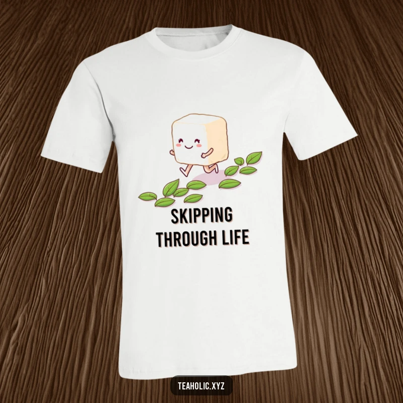 Funny smiling anthropomorphic sugar cube character skipping merrily along a path of tea leaves on a T-shirt.