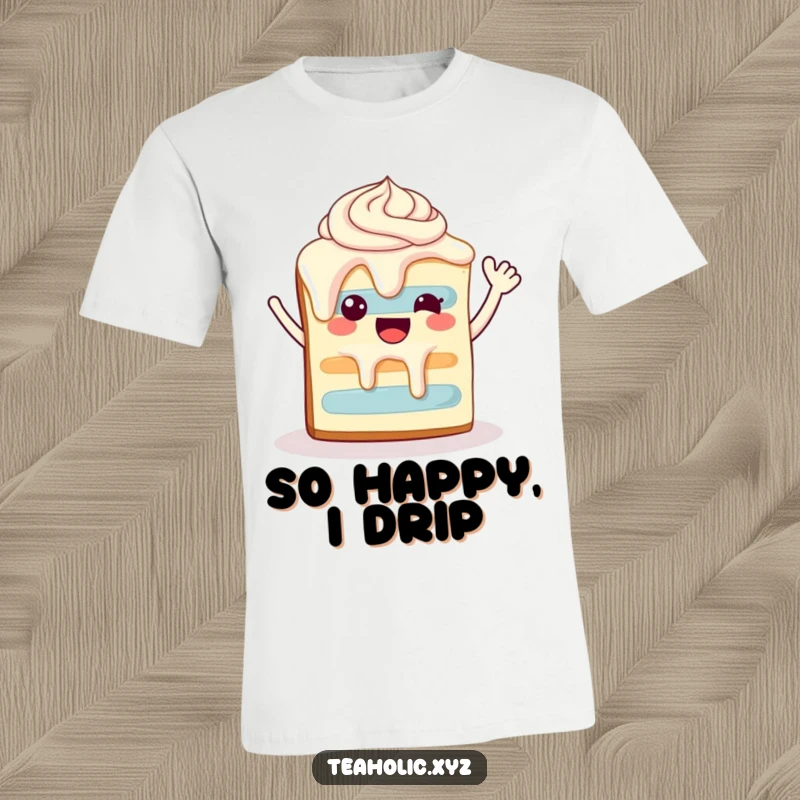 Funny happy slice of cake with dripping frosting, waving enthusiastically, printed on a fun t-shirt.