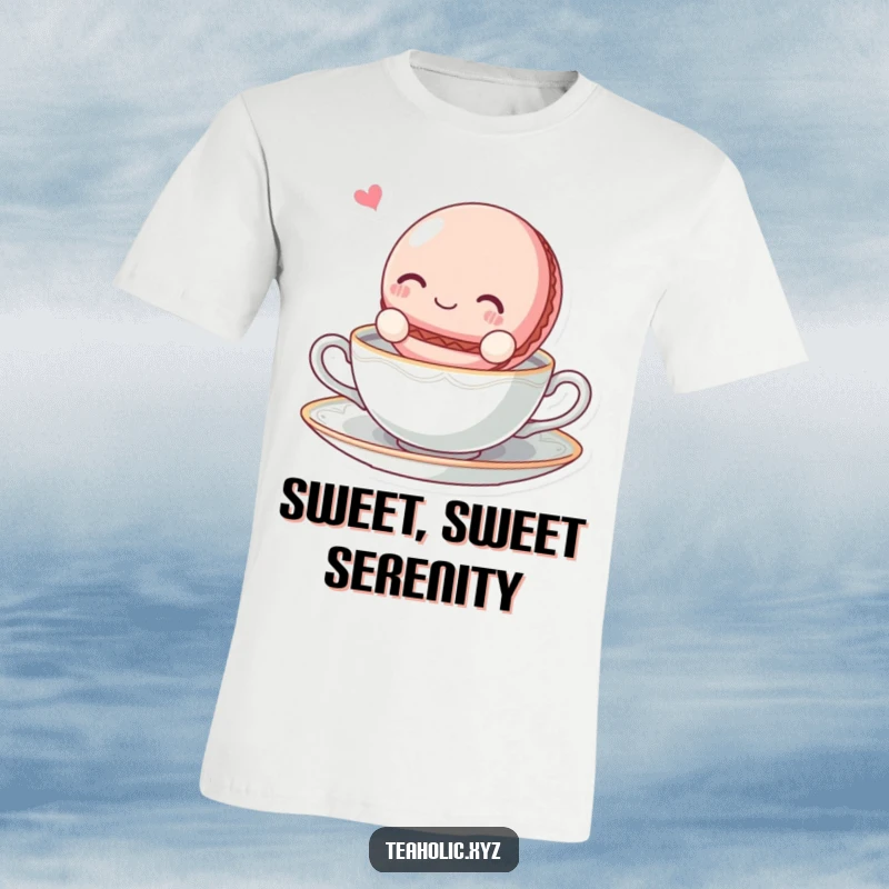 Funny blissful macaroon character floating on a tea saucer on a soft and comfortable t-shirt.