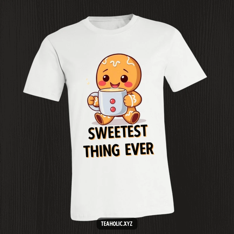 Funny T-Shirt showing a delightful gingerbread man character with a wide grin, holding a steaming mug, ready to share holiday cheer.