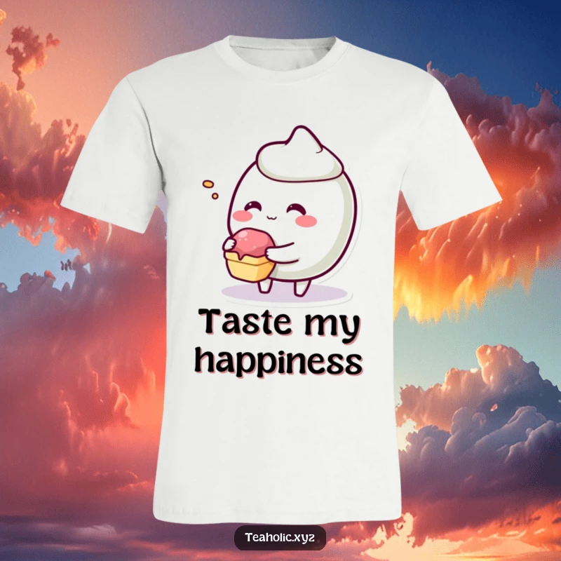 Funny giggling pastry character offering a tiny bite on a soft and comfortable t-shirt.