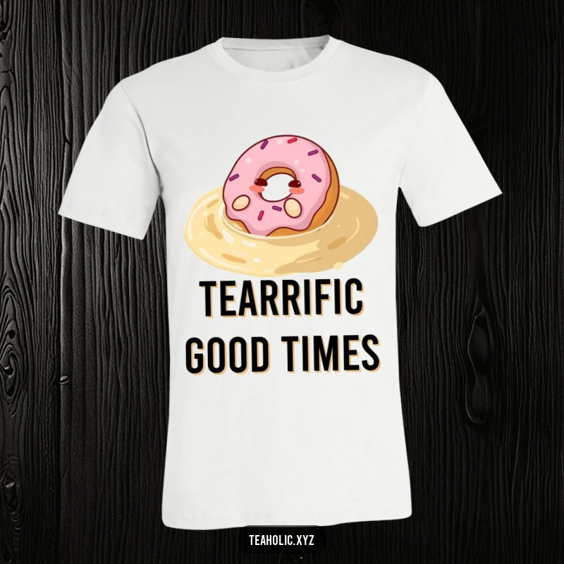Funny donut t-shirt depicting a happy donut blissfully rolling in a pool of tea, a wonderfully whimsical and amusing graphic.