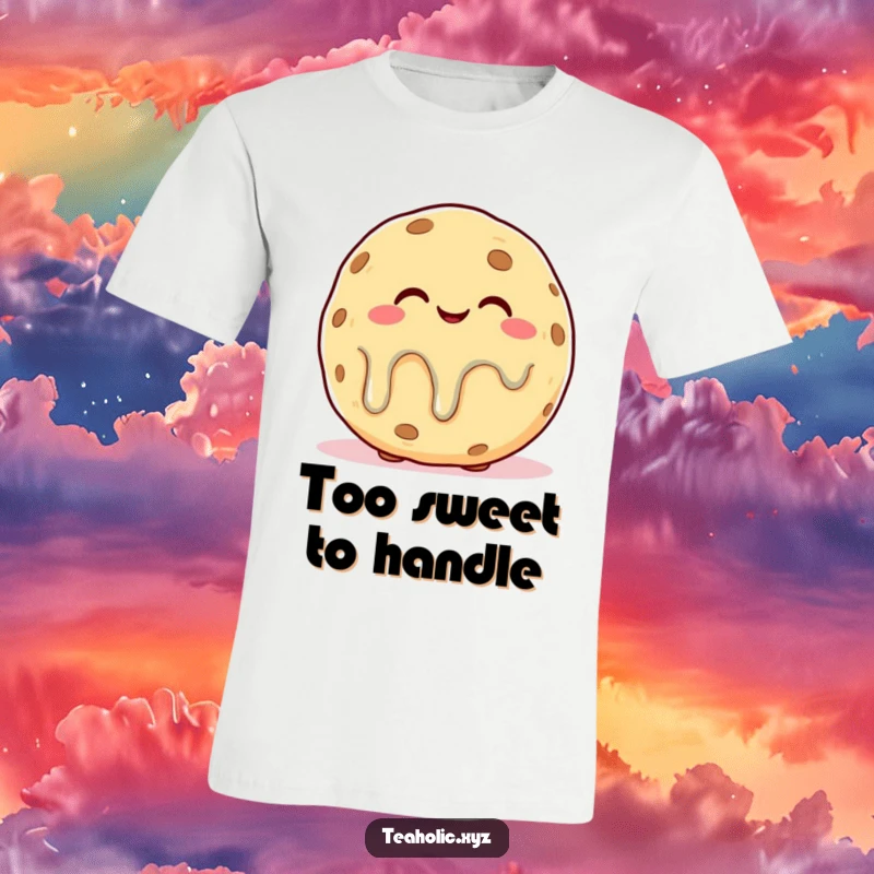 Funny t-shirt print of a plump cookie character with a blissful, slightly melting look, embodying ultimate relaxation.