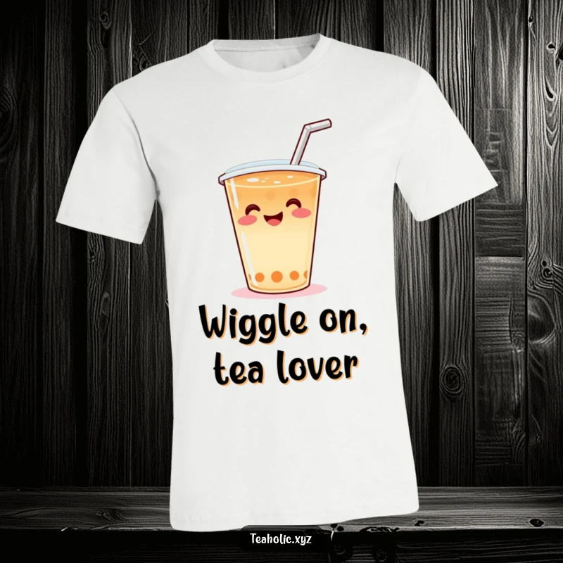 Funny T-Shirt showing a happy tea cup with a straw, doing a vibrant wiggle, embodying pure delight and playful energy.