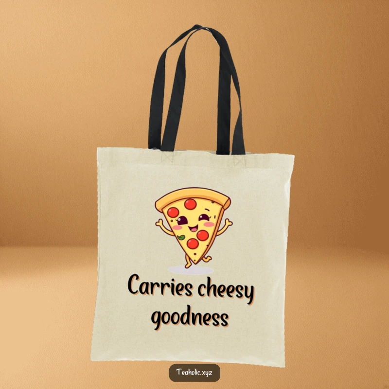 Funny tote bag featuring a smiling pizza slice doing a little dance step, perfect for carrying pizza essentials.