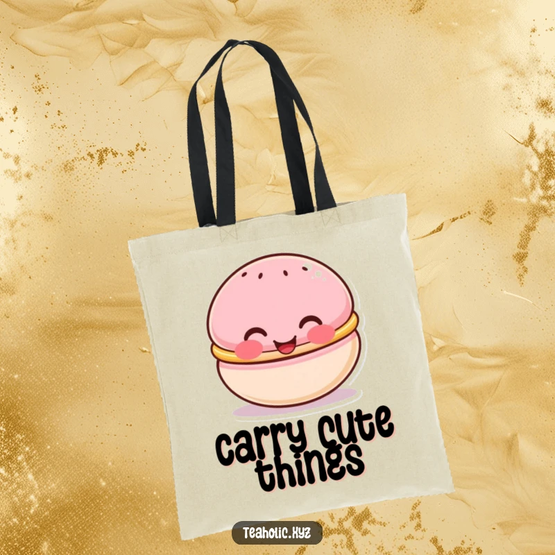 Funny tote bag featuring a cute macaron character with rosy cheeks, beaming happily, perfect for carrying sweet essentials.