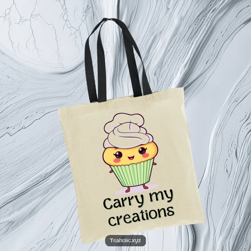 Funny proud cupcake character wearing a tiny chef hat on a durable and stylish tote bag.