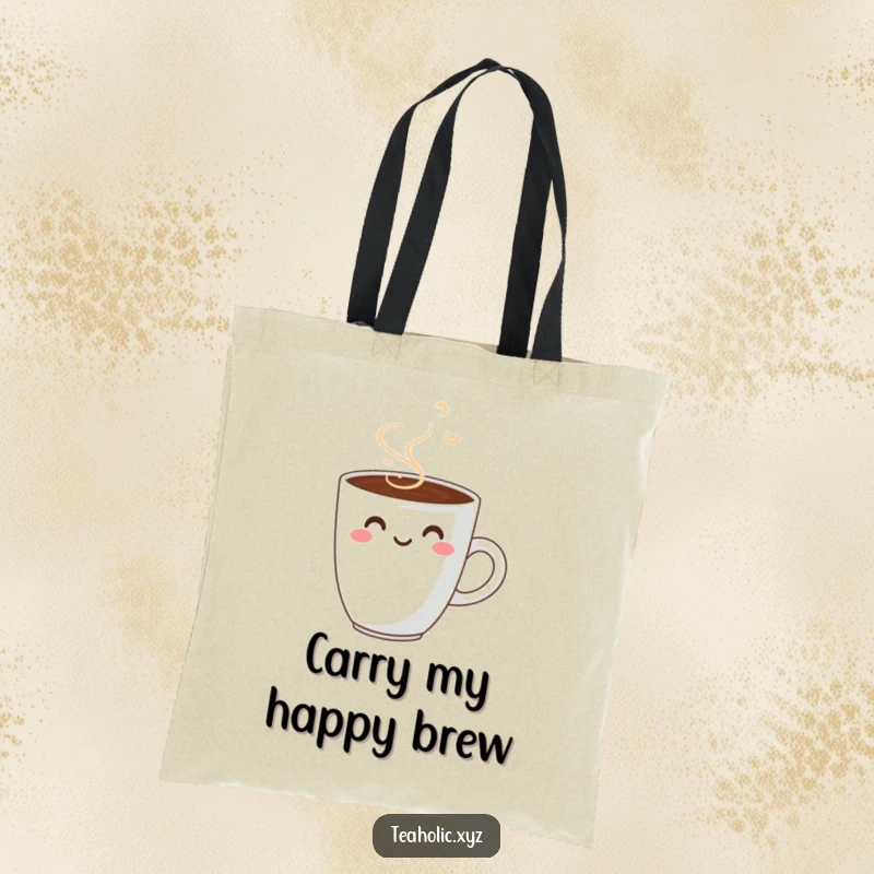 Funny smiling coffee cup tote bag, a charming and practical accessory for carrying essentials with a cheerful vibe.