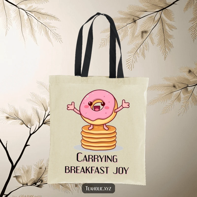 Funny tote bag depicting a cheerful donut on legs bouncing on pancakes, perfect for carrying groceries or daily items humorously.