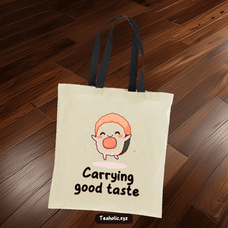 Funny sushi tote bag with a charmed sushi piece dancing with tea steam, a stylish and humorous accessory for food lovers.