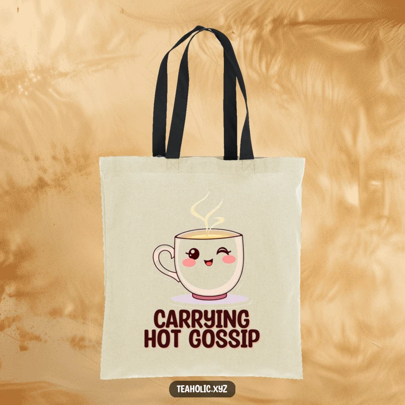 Funny tote bag showcasing a smiling teacup character happily pouring steaming liquid.