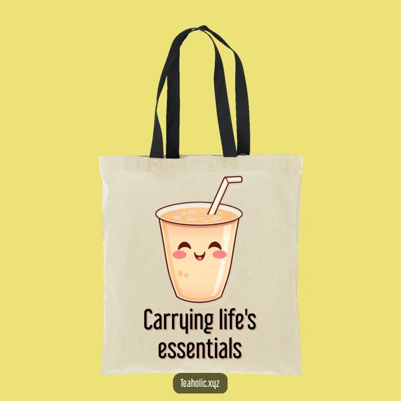 Funny Tea Lover Tote Bag - Smiling Tea Cup with Wiggling Straw, Groovy Gift