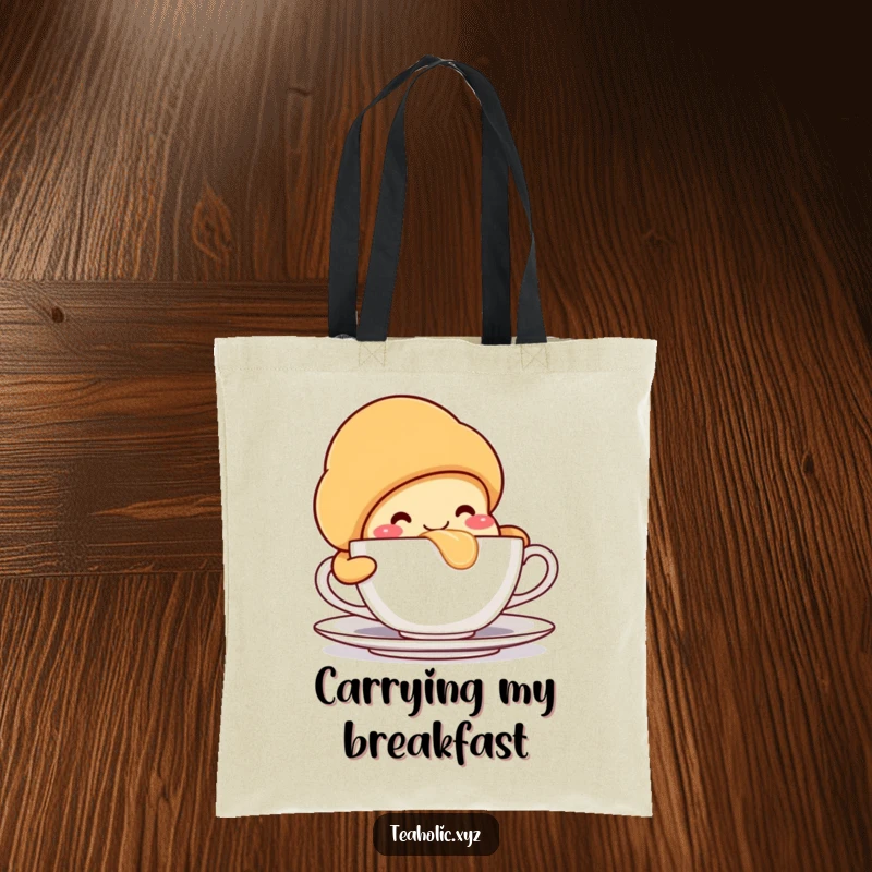 Amusing croissant character, taking a massive sip from a teacup, great for shopping and breakfast runs.