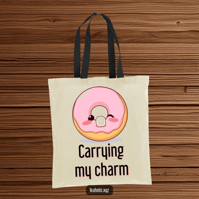 Funny Tote Bag featuring a blushing donut winking while balancing a sugar cube, perfect for carrying essentials with playful flair.