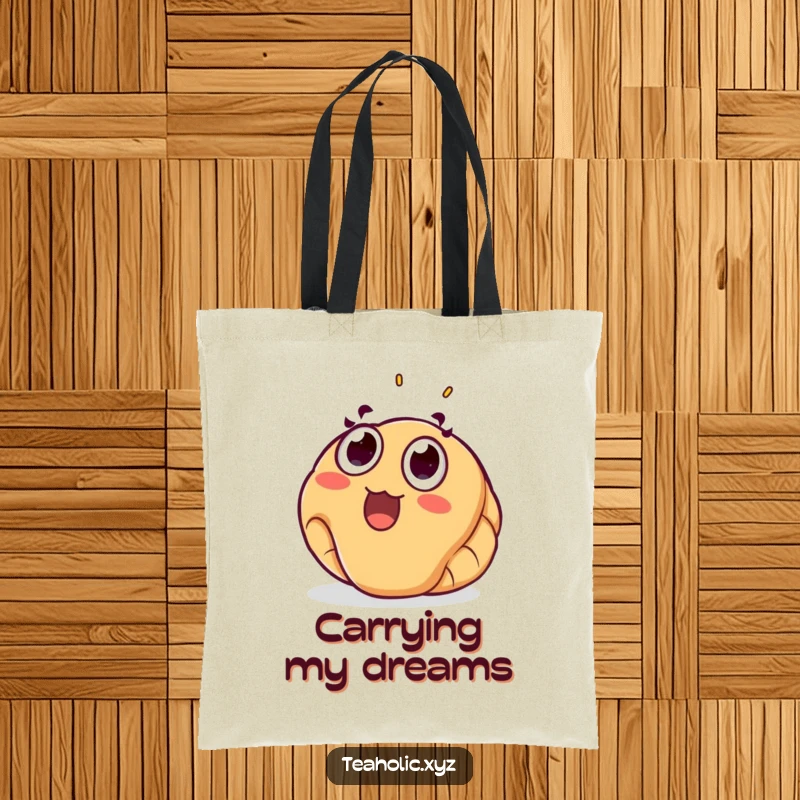 Funny croissant tote bag depicting a surprised pastry floating joyfully upwards, a practical and humorous accessory.