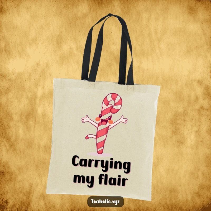 Funny tote bag with a joyful candy cane doing a cartwheel, accented by its stripes, perfect for carrying essentials with flair.