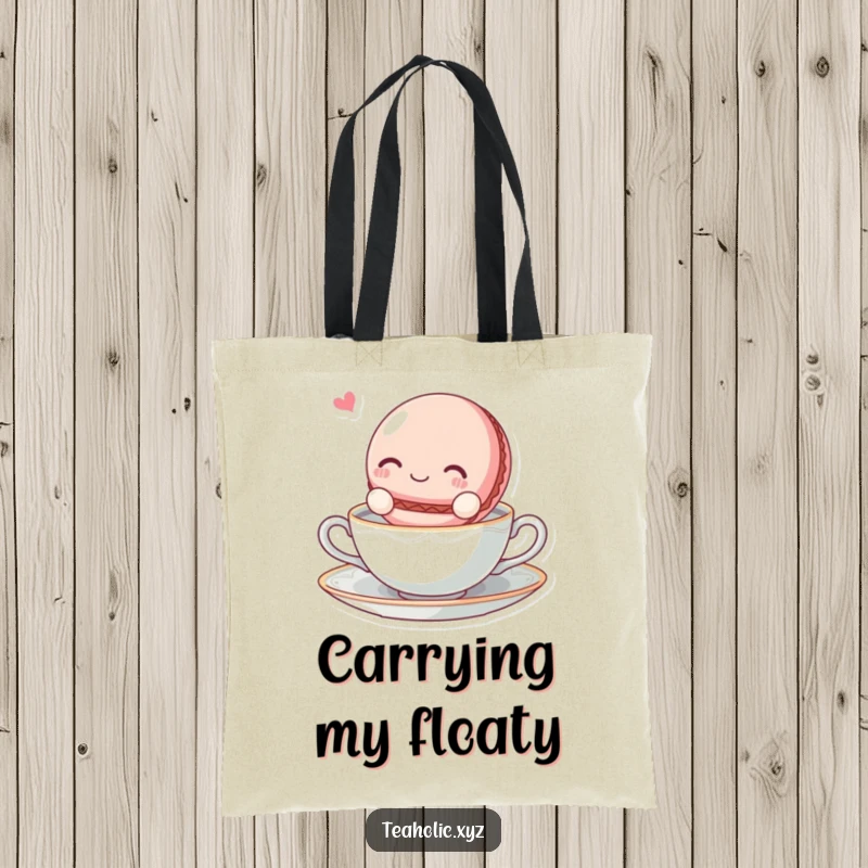 Funny blissful macaroon character floating on a tea saucer on a durable and stylish tote bag.