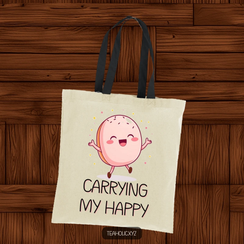 Funny macaroon tote bag with a delighted pastry doing a happy dance and sparkly sprinkles, a sweet accessory.