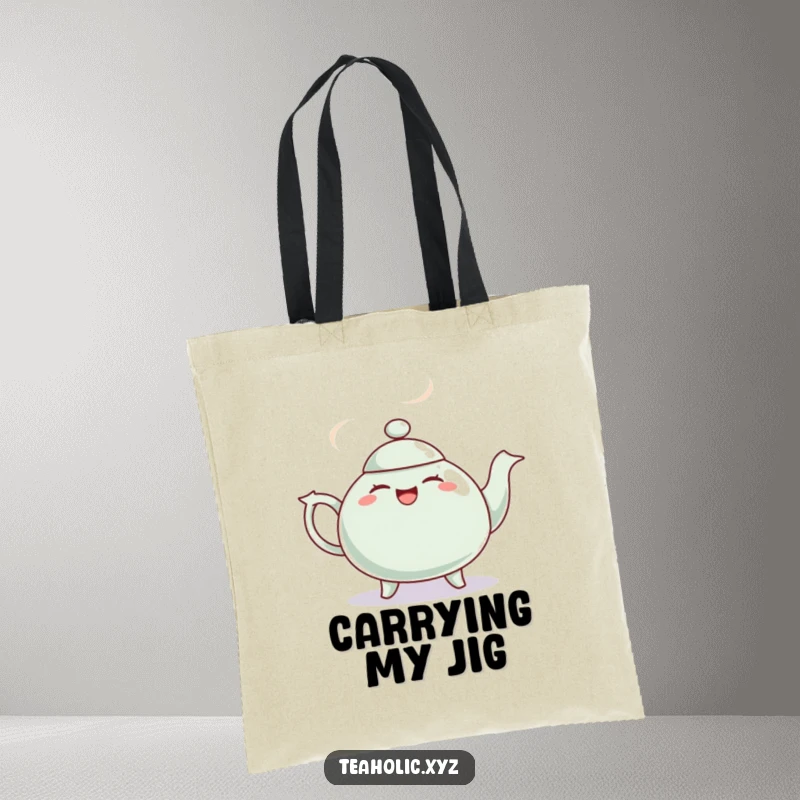 Funny tote bag depicting a giggling teapot with steam puffs dancing a jig, perfect for carrying groceries or daily items with zest.