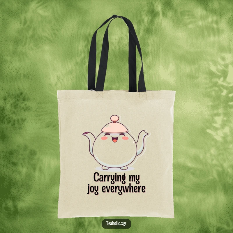 Funny tote bag showcasing a cheerful teapot character bobbing with overflowing joy.
