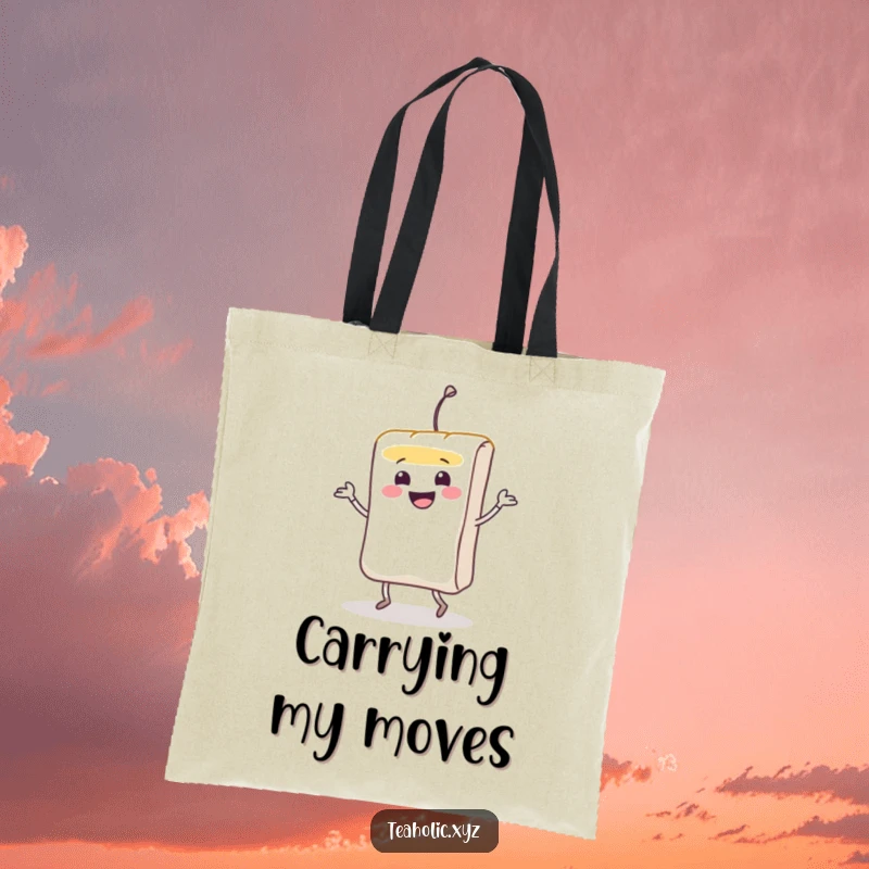 Funny smiling teabag character doing a lively jig on a durable and stylish tote bag.