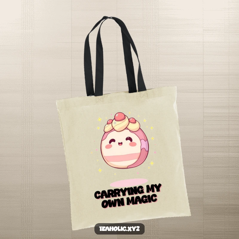 Funny tote bag showcasing a round cake character levitating, surrounded by twinkling sparkles, embodying magical charm.