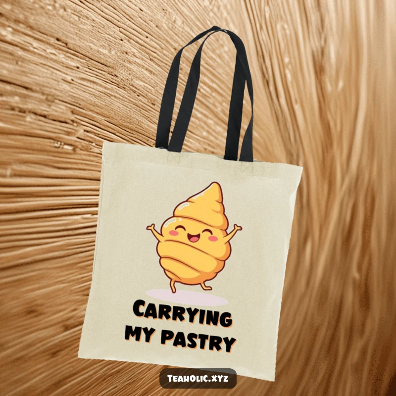 Funny Tote Bag printed with a cheerful croissant with legs, joyfully spinning, a practical and humorous accessory.