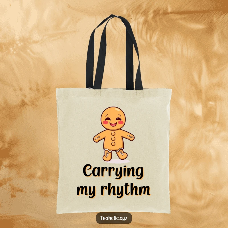 Funny tote bag featuring a giggling gingerbread man with small legs doing a silly dance, ideal for carrying joy and shopping.