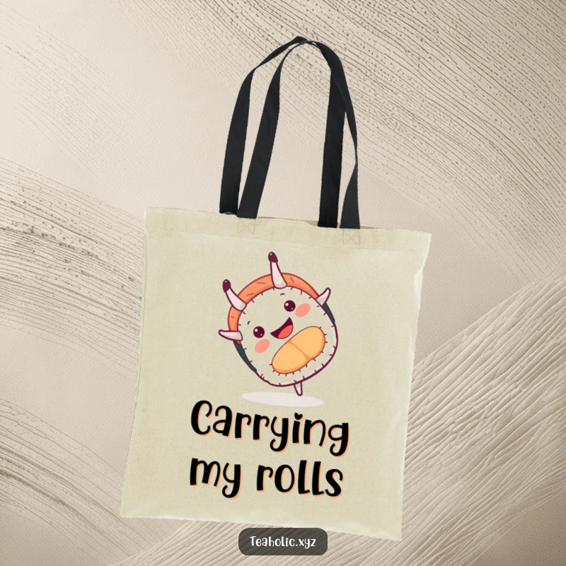 Funny tote bag showcasing a happy sushi roll in a dynamic somersault, ideal for grocery runs or carrying daily essentials with a smile.