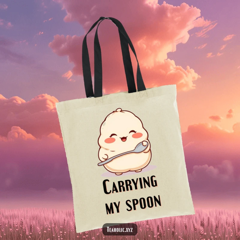 Funny tote bag showcasing a proud dumpling with rosy cheeks holding a tiny spoon, perfect for carrying everyday items with personality.