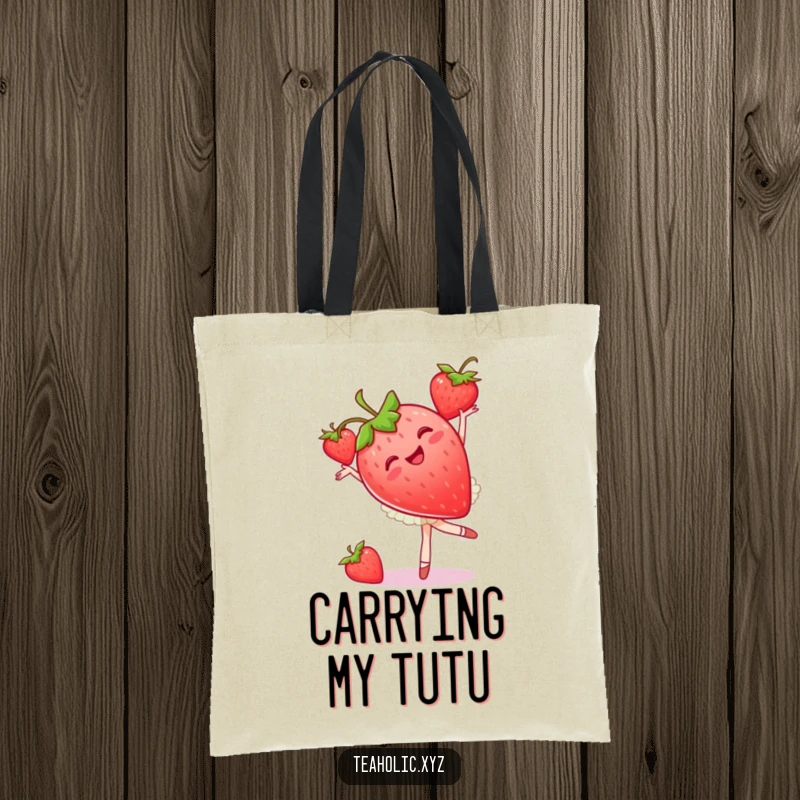 Funny strawberry ballet tote bag featuring a joyous fruit performing a pirouette, ideal funny gift.