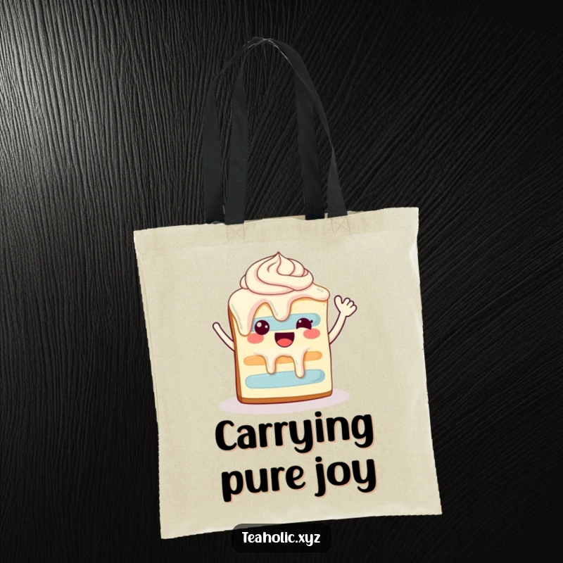 Funny happy slice of cake with dripping frosting, waving enthusiastically, a cute and functional tote bag.