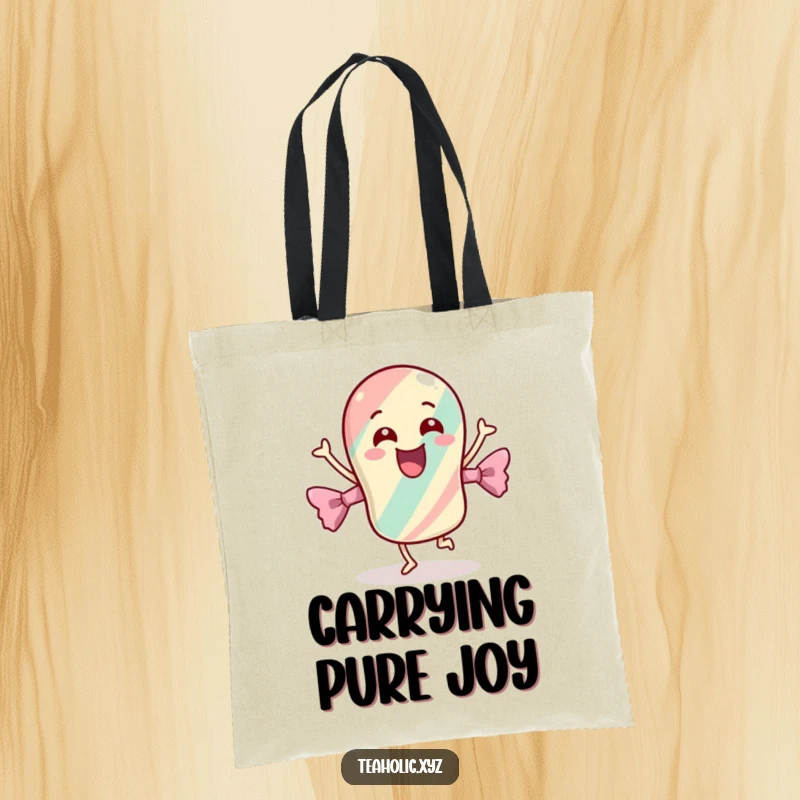 Funny tote bag showcasing a cheerful candy with its wrapper dancing energetically, perfect for carrying essentials with a joyful vibe.