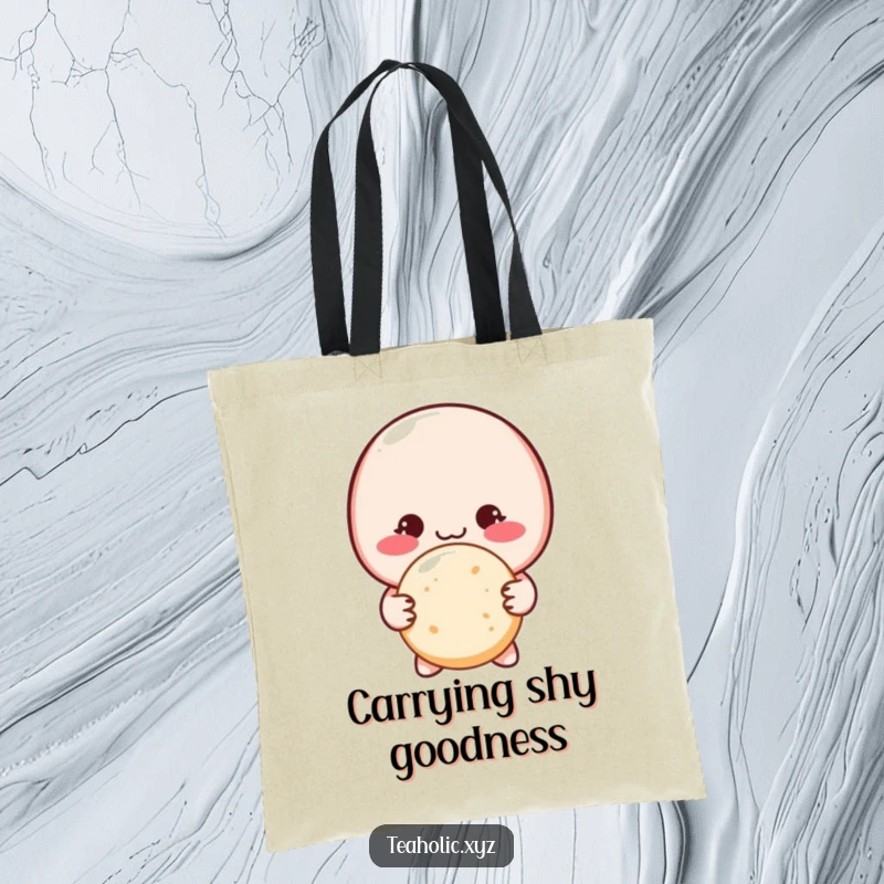 Funny blushing macaron character shyly offers a sugar cookie with both hands on a stylish and functional tote bag.