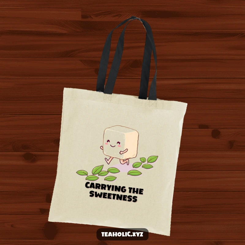 Funny smiling sugar cube character skipping along a path of tea leaves on a stylish tote bag.
