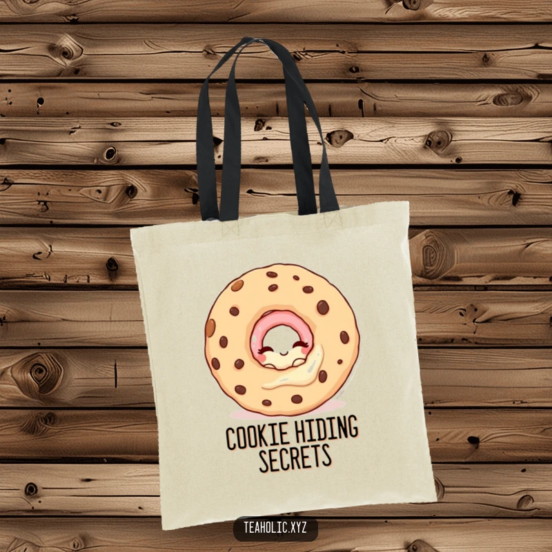 Funny tote bag with a winking donut character peeking from behind a large cookie, perfect for carrying treats.