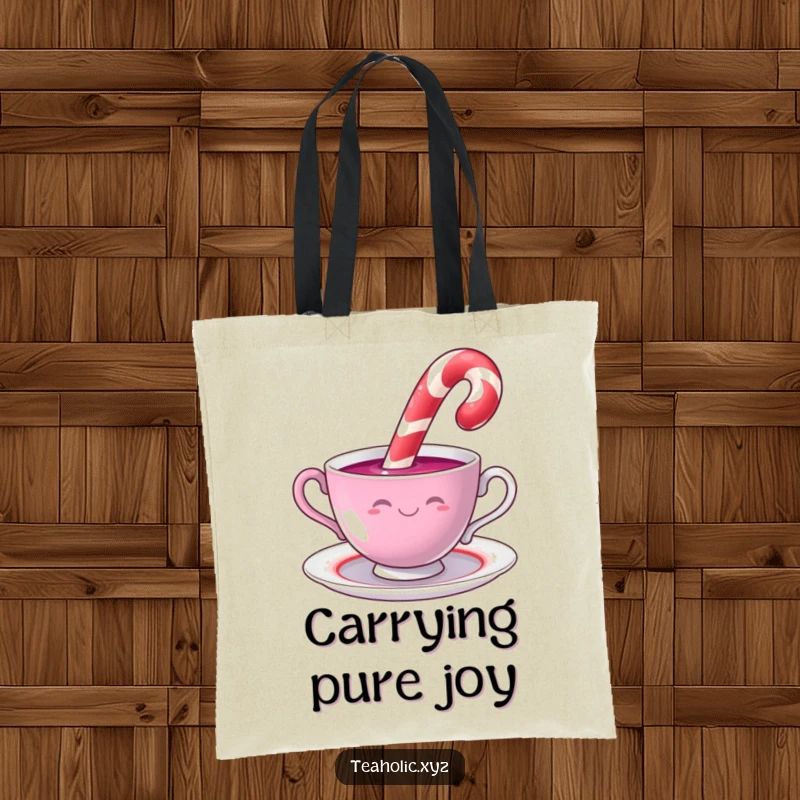Funny smiling candy cane dipping into a swirling teacup, printed on a practical and humorous tote bag.
